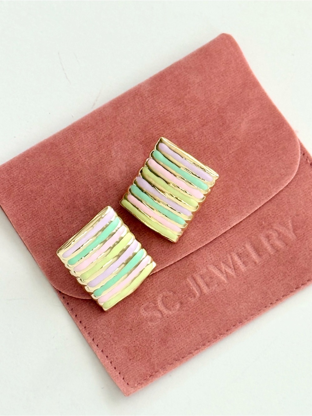 14K Gold Plated Pastel Stripe Rectangular Earrings | Lightweight Jewelry - Picture 6 of 8